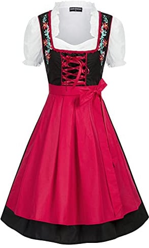 SCARLET DARKNESS Dirndl Bluse Schürze Trachtenkleid 3tlg Midi Dirndl für Damen Oktoberfest Outfit Trachtenmode Schwarz und Rot S