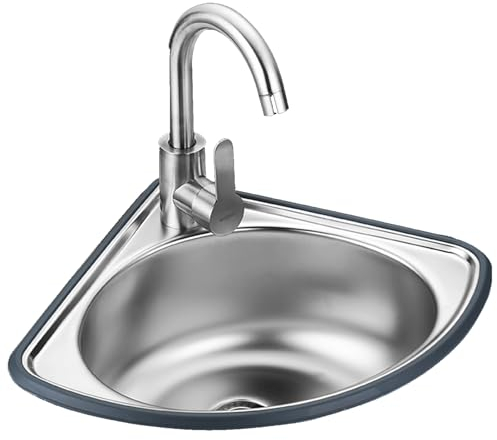 Fregadero de Acero Inoxidable Fregadero Esquinero de Cocina con Grifos Frio y Caliente, Fregadero Triangular Pequeño con Soporte para Hotel Comedor Bar