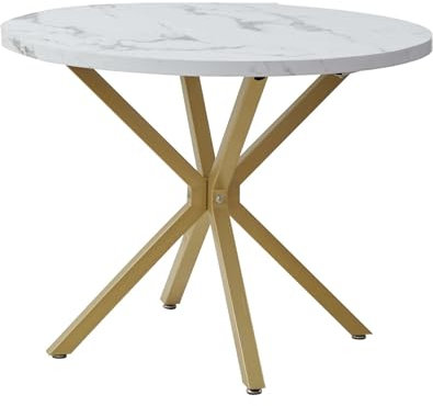 DEYARNA HOME Esszimmertische mit Metallgestell, Küchentisch für 4-6 Personen, 100cm Runder Tisch für Wohnzimmer, Büro, Restaurant (Weiß/Gold)