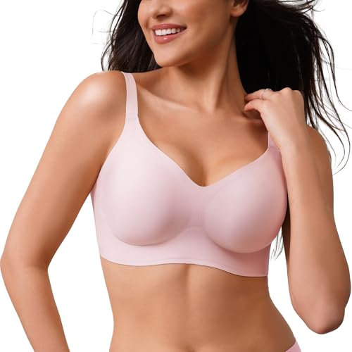 CLOSEMATE Bras for Women V Neck Comfort T-Shirt Bralette for Women Wireless No Underwire with Extra Bra Extender 32 34 36 38 40 42(Pink, Size XXL)