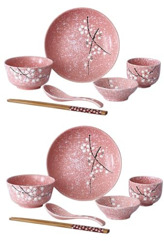 PHENOFICE Set Di Stoviglie in Giapponese 12 Pezzi Posate in Rosa Ristoranti e Caffetterie Include 2 Ciotole 2 Piatti 2 Tazze 2 Cucchiai e 2 Bacchette
