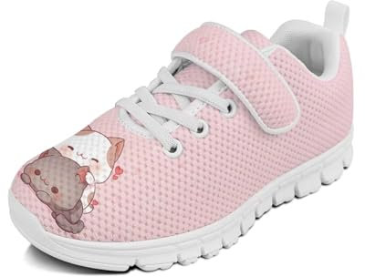 SCRAWLGOD Zapatillas deportivas para niñas, para correr por carretera, zapatos de tenis para niños, mocasines sin cordones, Gato de dibujos animados rosa, 18.5 EU
