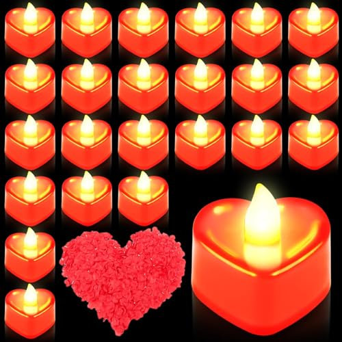 GOMETY Lot de 24 bougies chauffe-plat LED en forme de cœur, 1000 pétales de rose artificiels et 24 bougies chauffe-plat LED sans flamme en forme de cœur, pour mariage, Saint-Valentin, demande en