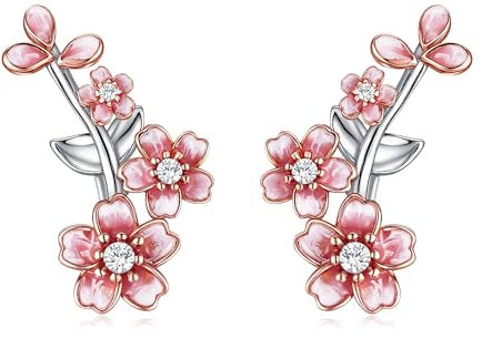 JERWLI Boucles d'oreilles grimpantes pour femme en argent sterling 925 en forme de fleur de cerisier - Cadeau rose sakura pour femme, taille unique, Argent sterling, Pas de gemme