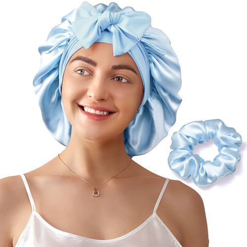 LitBear Schlafhaube aus 100% Maulbeerseide für Damen, 6A 22 Momme, große doppellagige Haube aus echter Seide mit Bindeband, rutschfester Seidenturban, inklusive Seiden-Haargummi, Blau