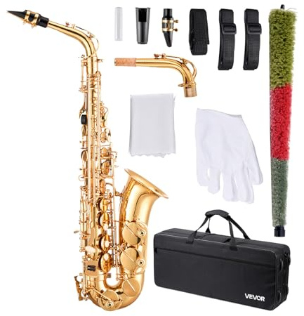 VEVOR Alto Saxophone, E Flat, Brass Saxophone Beginner Kit with Carrying Case, Mouthpiece, Straps, Cleaning Cloth Rod, Gloves, Grease, Neck Strap, 23 Keys Alto Sax Kit, for Beginners Students, Gold
