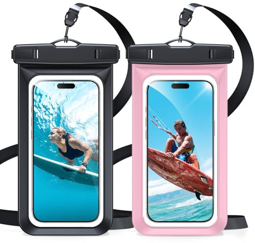 Jrkvniv Custodia Impermeabile Smartphone 30M/IPX8, 2 Pezzi Universale Cover Subacquea con Cordino per iPhone 16 15 14 13 12 11 Pro Max Plus XS XR X 8 Galaxy S23 S22 S21 FE Fino a 7 (Nero + Rosa)