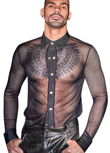 Moonlove Men’s Sheer Mesh Fashion Shirt Long Sleeve See Through Button-Down Sexy Tops for Rave Disco Party Christmas Nightclub Concert Festival Outfit Black