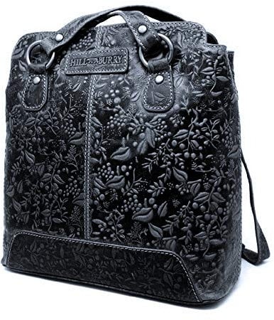 HILL BURRY Rucksack und Tasche aus hochwertigem Leder | Blumenmuster Vintage Cityrucksack | Outdoorrucksack - Collegerucksack Bag Beutel - Lederrucksack Ledertasche Schwarz