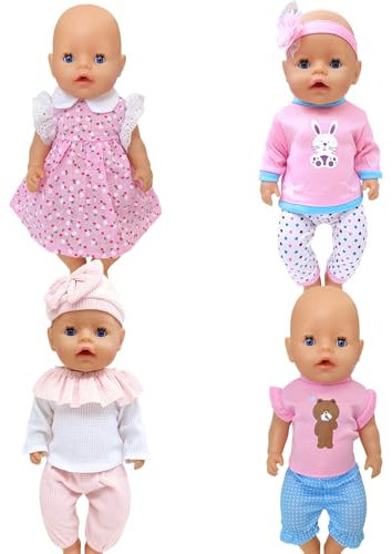 WanderGo Puppenkleidung 35–43 cm, 4 Stücke Puppenkleidungs Set für Baby Puppen Bekleidung Kleidung Outfits für Babypuppen mit Rock, Hose, Hut, Socken, Kapuze und Langarm(ohne Puppe)
