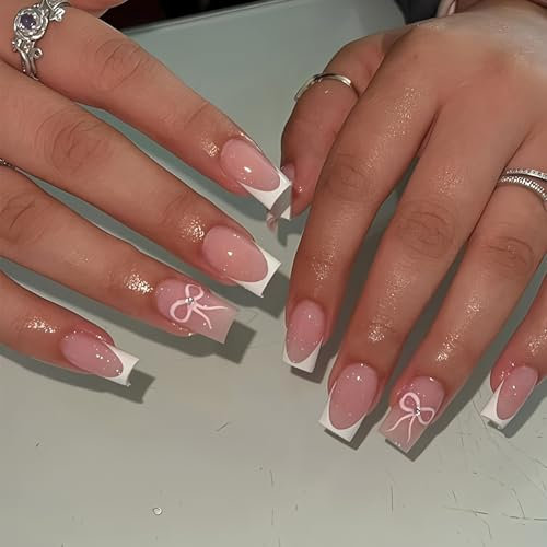 French Tip False Nails with Bow Patterns - 24pcs Medium Square Stick on Nails - 12 Sizes Fake with Tool Glossy Full Cover Set for Women Girls
