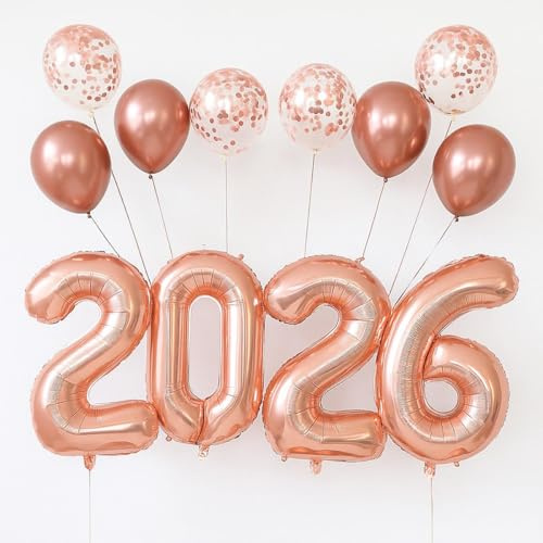 Jxuzh Rosegold Silvester Deko Set 2026,Folienballons Set 2026 Ballon Set Silvester- XXL Folien Zahlenballon 2026 (80cm)+ Rosegold Latex & Glitzer Ballons Deko für Silvesterparty, Neujahr, Geburtstag