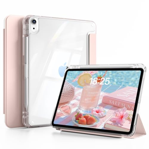 ZOYU Case for iPad Air 11 Inch M4/M3/M2, Air 5th/4th Gen 10.9, Light Pink | Transparent Hard Back Cover with Pencil Holder, Shockproof Soft TPU Frame, Support Touch ID, Auto Wake/Sleep