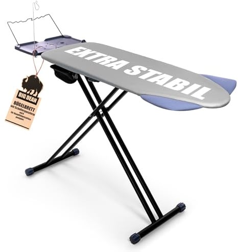 BigDean Bügelbrett XXL (120x45 cm Bügelfläche) inkl. ausklappbarer Schulterpassform - Stabiler Bügeltisch für Dampfbügelstationen und Bügeleisen - Ironing Board - höhenverstellbar