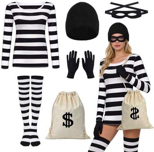 IWTBNOA Bankräuber Kostüm, Räuber Kostüm Damen, Dieb Accessoire, Räuber Kleidung Set mit T-Shirt, Hut, Augenmaske, Handschuhen, Geldbeutel und Socken, Faschingskostüme Damen Gefangenen für Karneval