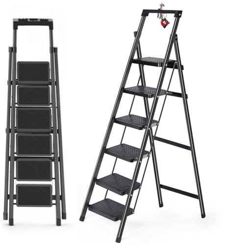 6 Step Ladder with Handrails, Ladders for Home with Removable Tool Bag, Heavy Duty Ladders 330lbs Capacity, Folding Ladder Easy to Store, Tall Kitchen/Closet Ladder for Adults (Black, 6 Step Ladder)