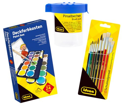 Idena 90480 - Deckfarbkasten mit 24 Farben und 1 Tube Deckweiß, inkl. 10 Malpinsel und einem Pinselbecher mit Deckel, Wasserfarbkasten mit Pinseln für die Schule