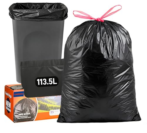 CHDEXU Heavy Duty Bin Liners 113.5L, Drawstring Anti-Leak Rubbish Bags, 25 Bags Large Black Recycled Plastic Garbage Bags for Kitchen Bins, Office, Commercial 76.2 x 83.8cm