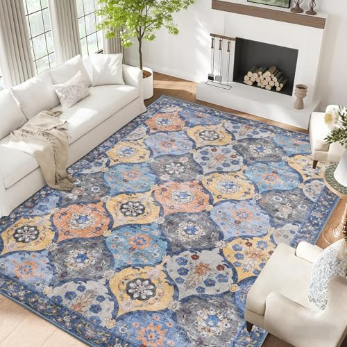 Vintage Rug 200x300cm, Washable Rugs, Living Room Rugs，Non Slip Carpet | Boho Rug, Traditional Oriental Rugs,Large Rug for Bedroom, Dining Room, Office,Blue