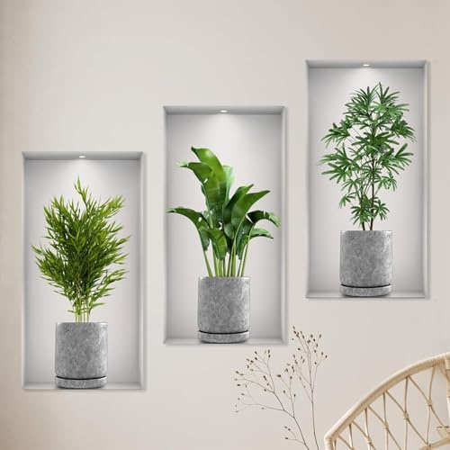 3 Stücke Wandtattoo Pflanzen 3D Vase Wandaufkleber Küche Wanddeko | Geeignet zum Dekorieren von Schlafzimmern Wohnzimmern Türen und Fenstern Hotels und zum Abdecken Beschädigter Wände(45x23cm)