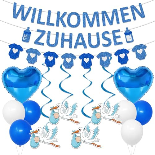 Afritee Willkommen Zuhause Baby Deko, Blau Herzlich Willkommen Storch Geburt Für Draussen Girlande Banner Luftballons Set, Welcome Home Baby Für Babyshower Familienfeiern Party Dekoration