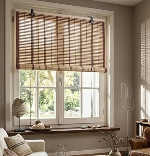 Tapparella a Rullo in Listelli di Bambù Tenda da Sole Bamboo Naturale Oscurante Arrotolamento Carrucola per Porte Finestre Interni ed Esterni Misura 120x250 cm Colore Beige Mod. Oxaca