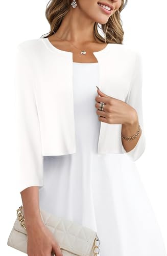 Magritta Women Cardigans Sweaters Casual Bolero Shrugs Summer Jacket Lightweight 3/4 Sleeve Open Front Cropped Short Cardigan for Dresses White Medium, 12-14