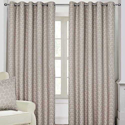 HOMESCAPES Natural Geometric Blackout Curtains Pair Width 228cm (90) x 182cm (72) Drop Genuine 3 Pass Blackout Lining Heavy Weight Jacquard Eyelet Curtain