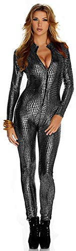 BROWOL Sexy Damen Katzenkostüm Schlangenhaut Streifen Club DS Lack Club Anzug, enge Kleidung,Schlangenhaut-Overalls Catwoman Kostüm Overallkostüm Ganzanzug Party Kleidung (Silber, XXL)