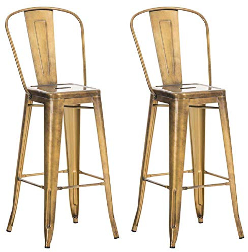 CLP 2er Set Metall Barhocker Aiden Mit Hoher Rückenlehne I 2 x Hocker Mit Fußstütze Und Bodenschonern, Farbe:gold