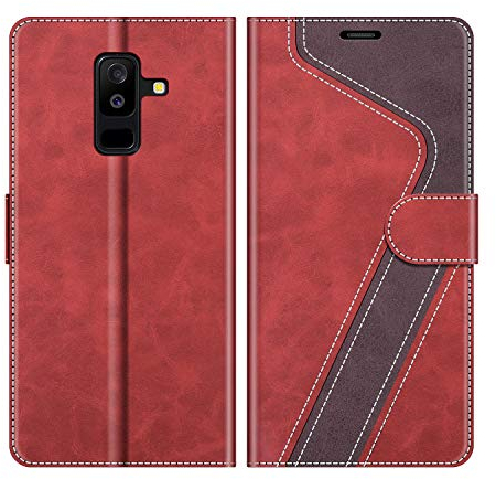 MOBESV Hülle für Samsung Galaxy A6 Plus Handyhülle, Lederhülle mit Kartenfach, Klapphülle mit Ständer, Flip Case Handytasche Schutzhülle, Modisch Rot