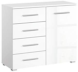 Rauch Möbel Imposa Schlafzimmer Kommode,Kommode in Hochglanz Weiß 1-türig mit 4 Schubladen inklusive Zubehörpaket Basic 1 Einlegeboden BxHxT 93 x 81 x 42 cm