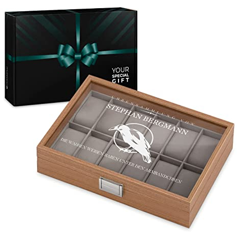 Maverton Uhrenbox mit Gravur für 12 Uhren - Uhrenkoffer Aufbewahrungsbox mit Deckel - Uhrenkoffer zum Geburtstag für Männer - Farbe: Braun - Rabe