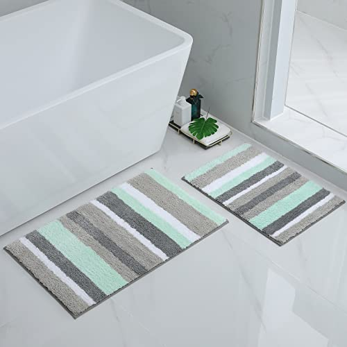 Homaxy rutschfest Badematten Set 2 teilig Mikrofaser Saugfähige Badteppich Set Weich Hochflor Badvorleger Set –40 x 60 cm + 50 x 80 cm, Grün/Grau