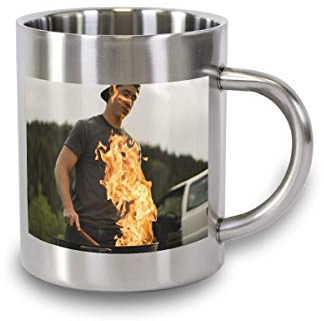 Thermo-Edelstahlbecher mit eigenem Foto oder Text selbst gestalten - Silberner Becher mit Text oder Motiv bedrucken lassen