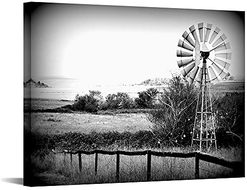 Canvbay Rustikale Windmühlen-Bilder, Wanddekoration, moderne Leinwand, Wandkunst, schwarz-weiß, Bauernhaus, Poster, Gemälde, gespannt, gerahmt zum Aufhängen, für Bauernhof, Heimdekoration, 61 x 81 cm