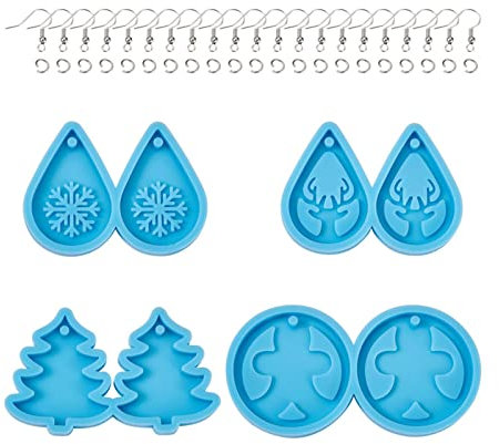 Boutigem 4pcs Snowflake Tree Earring Resin Mold Christmas Pendant Silicone Mold with 50pcs Earring Hooks Jump Rings for Resin Crafting DIY Jewelry