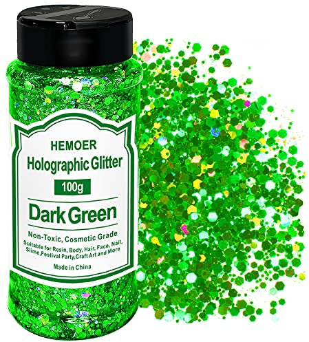 HEMOER Dark Green Glitter, 100g/3.5oz Holographic Chunky Glitter Mixed Hexagon Chunky & Fine Flakes Iridescent Sequins for Epoxy Crafts, Resin, Tumblers, Nail Body, Party, Christmas Art
