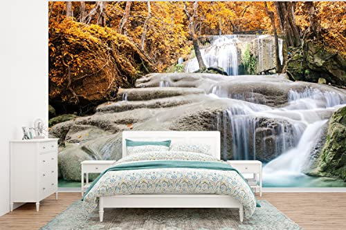 Selbstklebend Tapete Wandpapier Wandaufkleber Fototapete Tapeten Wanddeko 400x300 cm Wald - Wasserfall - Herbst