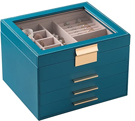 Frebeauty Schmuckkästchen mit transparentem Deckel, 4 Schichten, Schmuck-Organizer, groß, multifunktional, Halsketten, Armbänder für Frauen und Mädchen (blau)