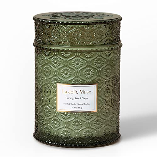 LA JOLIE MUSE Duftkerze Eukalyptus und Salbei, große Kerzen mit Holzdocht, dekorative Kerzen im Glas, natürliches Sojawachs, 539 g, Brenndauer: 90 Stunden