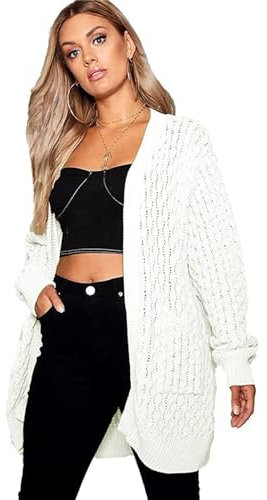 H&F Women’s Ladies Bubble Knitted Open Front Long Sleeve Chunky Cable Knit Cardigan Lightweight Winter Sheer Knit Cardigan with 2 Side Pockets Plus Size 8-22 (20-22, White)