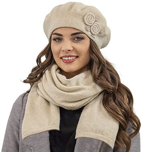 VIVISENCE Elegantes Damen Winter Set Aus Baskenmütze Und Langem Schal Aus Wärmendem Wollgarn Perfekte Passform Für Kalte Wintertage Ideal Für Elegante Und Sportliche Outfits, Beige,Einheitsgröße