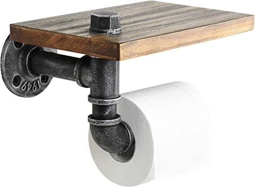LINKPIPES Rustikales Toilettenpapier Halter Rohr mit Regal Industrielle Toilette Roll Halter Wand Mount Bauernhaus Holz Toilettenpapier Papierhalter für Badezimmer (Sliver)