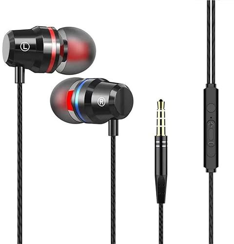 Hi-Res Extra Bass Noise Isolating In-Ear Headphones Earphones High Sensitivity Wired Earbuds with Microphone For iPhone, iPad, Samsung, Volume Control 3.5mm Jack Headphone Earphones (Black)