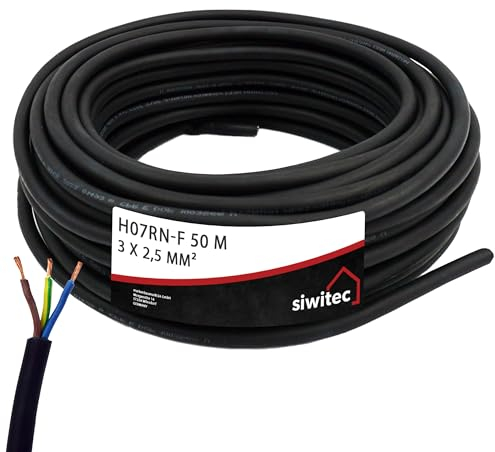 siwitec Gummischlauchleitung H07RN-F 3G2,5, 3x2,5 mm², 50 m, Schwarz, 450/750 V, Stromkabel, Elektrokabel, Gummikabel - Made in Germany