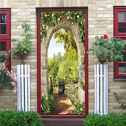 Self Adhesive 3D Door Murals Peel and Stick Decor Stickers Arched Garden Stone Gate Art Canvas Wallpaper Removable Art Poster 95 X 215 Cm