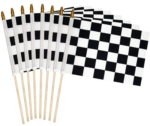 8 Stück karierte Flaggen, schwarz und weiß, Rennflaggen, 20,3 x 30,5 cm, Handstab, kleine Rennflaggen mit Holzstab, tolle wiederverwendbare Dekoration für Autorenn-Themenveranstaltungen