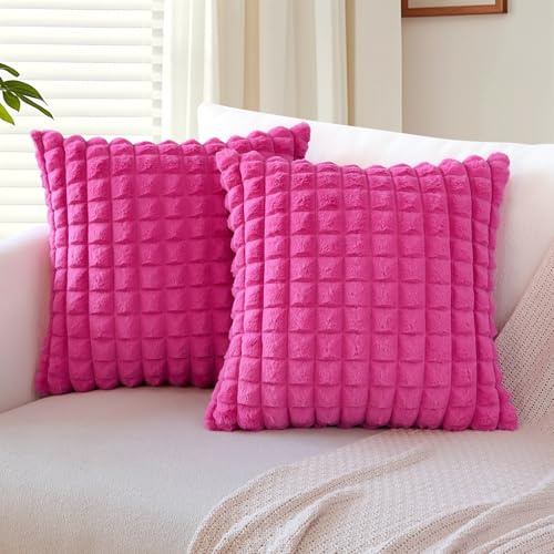 Soleebee 2er Set Plüsch Samt Kissenbezüge, Weiche Künstliche Pelz Plaid Textur Kissenbezug Sofa Zierkissenbezüge Dekokissen Kissenhülle Set für Couch Schlafzimmer Zuhause Dekor (40x40cm, Rose Rot)