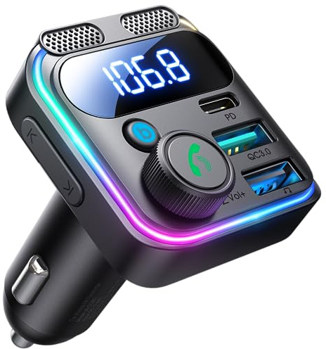 JOYROOM Bluetooth 6.0 Car Adapter FM Transmitter 81W Bluetooth Cigarette Lighter Adapter [PD45W&QC36W] Fast Charging Dual Mics HiFi Bass LED Display Wireless Radio Hands-Free Calling Support USB Drive